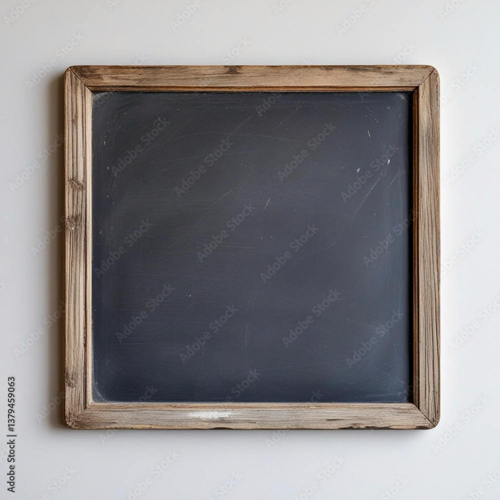 Fototapeta premium a square, dark gray chalkboard set within two wooden frames. The inner frame is light brown and the outer frame is a slightly darker beige.