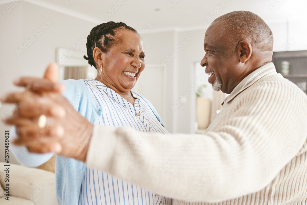 Fototapeta premium Senior black couple, retirement and dance in home for love, happiness or trust in relationship. Elderly man, wife or holding hands for care with bonding, fun or excited for milestone with celebration
