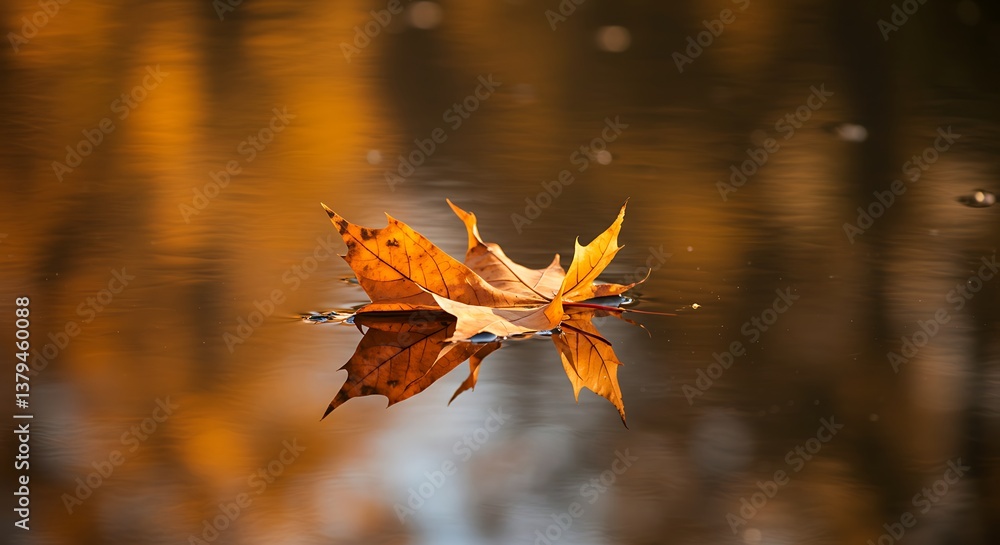 Floating Autumn Maple Leaf on Calm Water Reflecting Golden Colors Floating Autumn Maple Leaf on Calm Water Reflecting Golden Colors