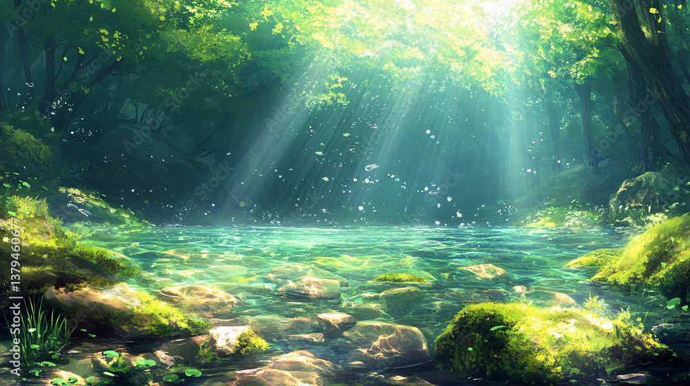 Fototapeta premium Sunbeams illuminate a tranquil forest stream.