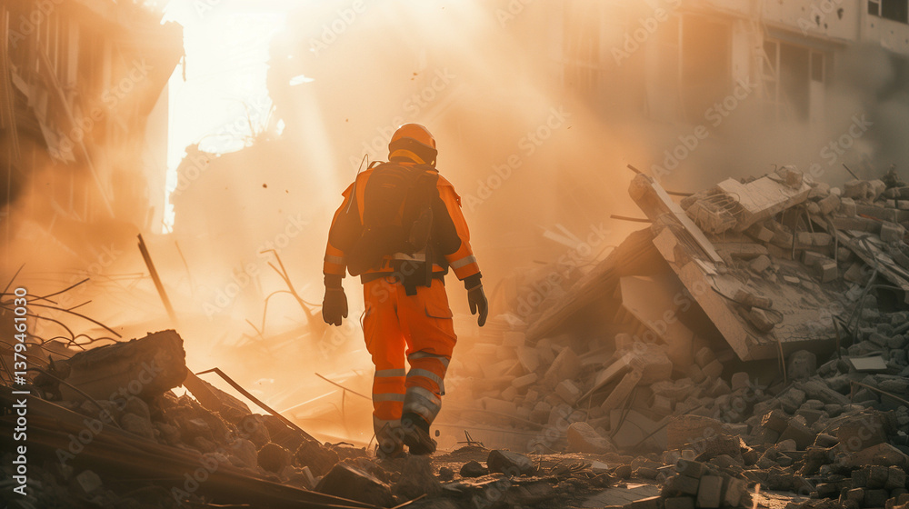 Fototapeta premium Emergency responder walking through debris in dramatic post-disaster urban environment