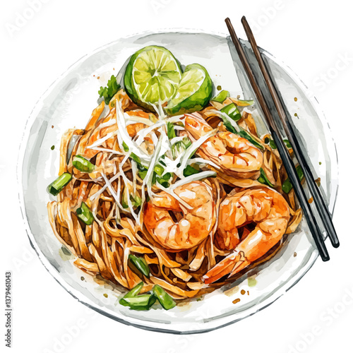watercolor vector of Pad Thai, isolated on a white background. Pad Thai vector
