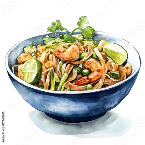 watercolor vector of Pad Thai, isolated on a white background. Pad Thai vector
