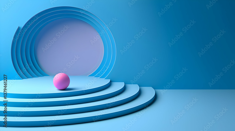 Fototapeta premium A minimalist design featuring a pink sphere on blue steps against a circular backdrop.