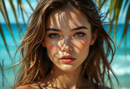 Tropical Beauty Portrait of Woman with Blue Eyes, Face Shaded by Palm Leaf Shadows on Sunny Beach