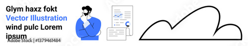 Businessman in blue thinking with documents, graphs, and minimalistic conceptual shapes. Ideal for business, analytics, decision-making, strategy, planning, marketing simple landing page