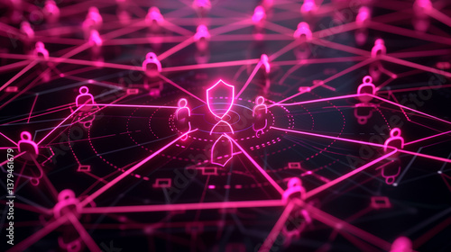 Pink glowing padlocks in digital network surrounding central cyber shield for data protection