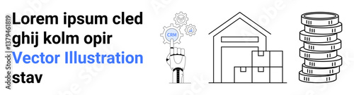 Robotic hand with digital settings and cog, warehouse with boxes, vertical stack of coins. Ideal for automation, logistics, inventory, finances, technology, innovation and simple landing page