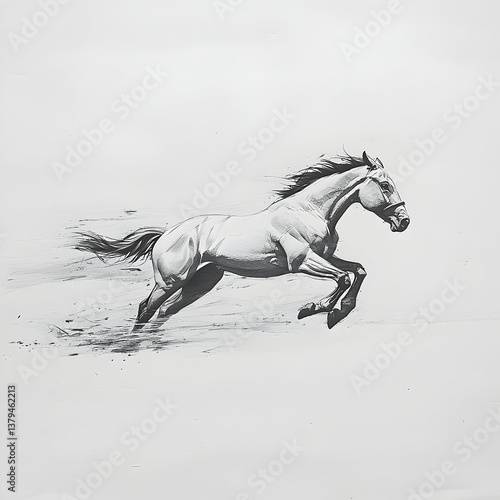 A powerful illustration of a horse leaping gracefully across a surface