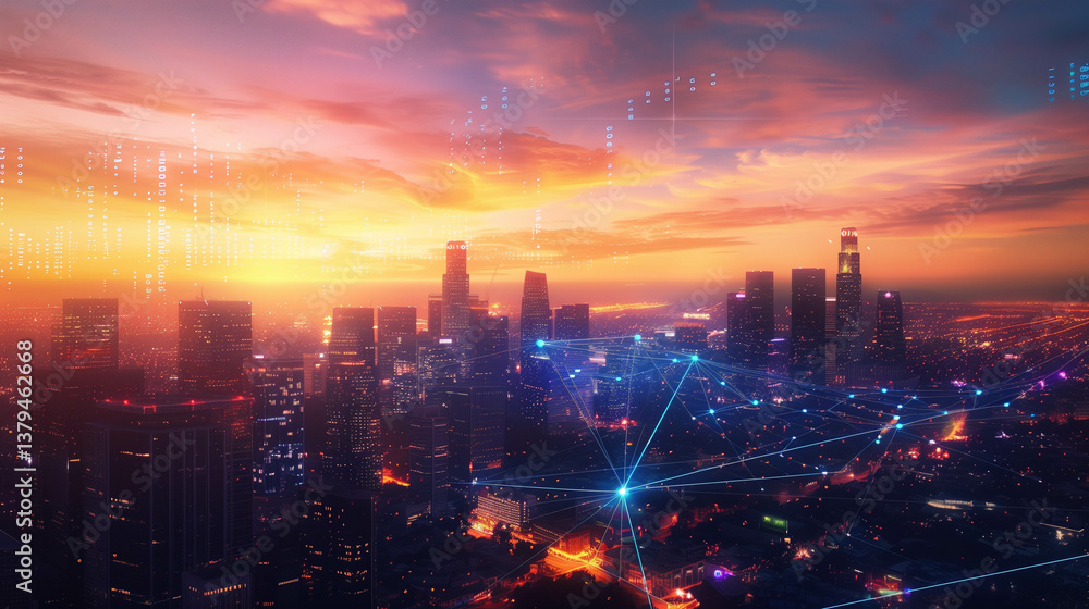 High-tech futuristic city skyline with glowing digital lines and vibrant sunset background High-tech futuristic city skyline with glowing digital lines and vibrant sunset background
