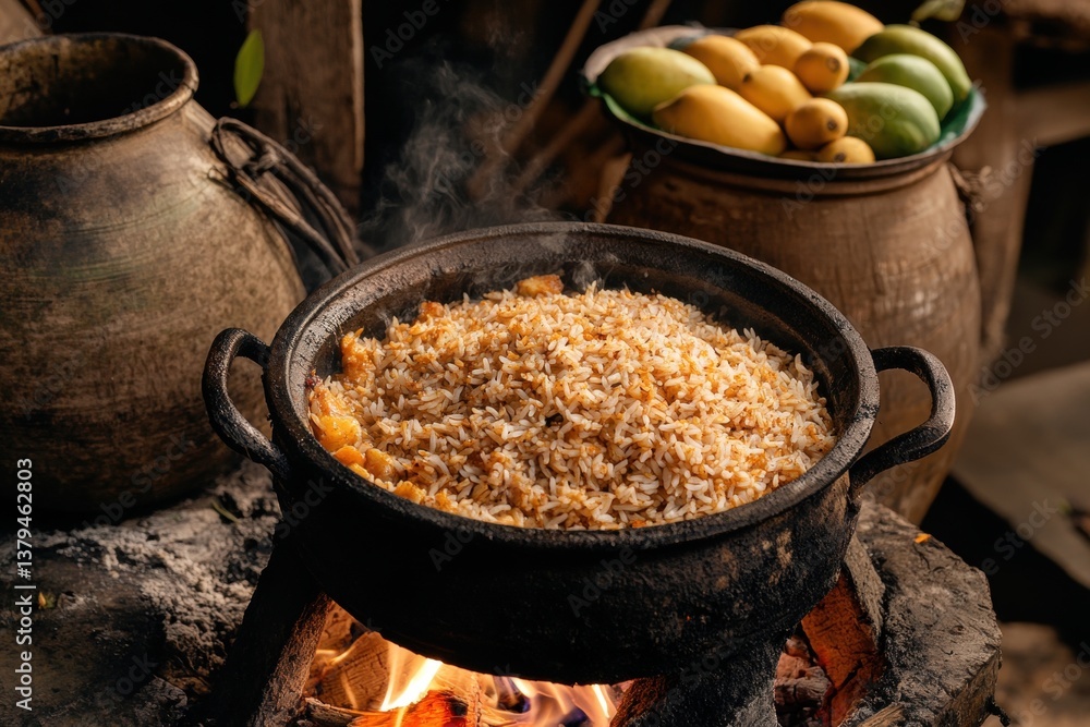 Cooking rice over open fire. A hearty, fragrant dish simmers in a large, dark pot Cooking rice over open fire. A hearty, fragrant dish simmers in a large, dark pot