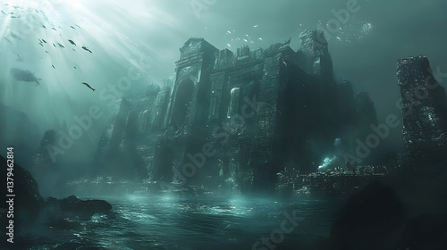 Underwater ancient architecture depicting a submerged mythical aquatic cityscape