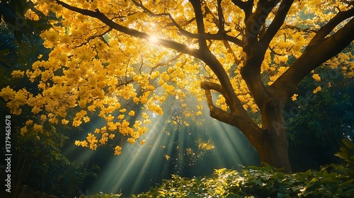 Sunbeams illuminate a vibrant yellow tree in a lush forest.