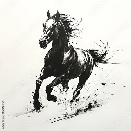 A powerful black horse running with great speed and motion