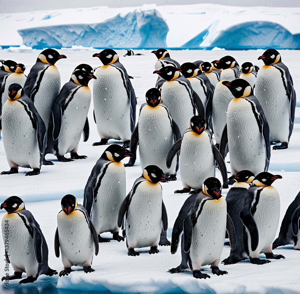 Obraz premium Penguins gathered in a tight group, their bodies huddled for warmth, as a blizzard rages around them. Generative AI