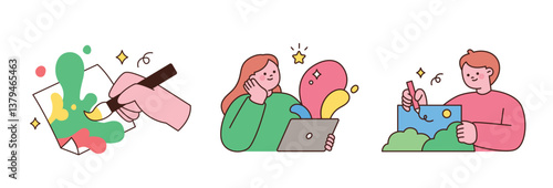 Cute flat style illustrations of people creating art with paint, tablet, and pen. Colorful and creative design for art and education themes.