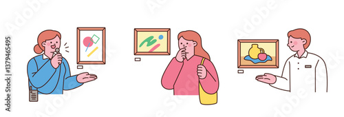 Flat style illustrations of people visiting an art gallery, appreciating paintings, and explaining artworks. Perfect for culture, museum, and education themes.