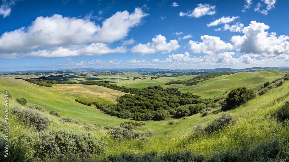 Fototapeta premium Panoramic view of rolling green hills under a vibrant blue sky with fluffy white clouds.