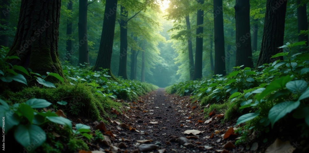 Fototapeta premium Moody forest floor with dark wood planks and foliage, moss, leaves, natural