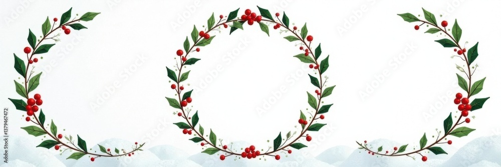 Fototapeta premium Minimalist wreath features whimsical doodled holly and festive decorations on a snowy white background , winter, Christmas
