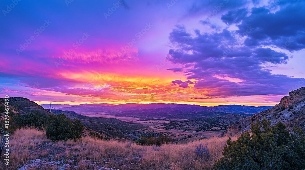 Obraz premium Vibrant sunset over a vast valley and mountain range, showcasing dramatic colorful clouds.