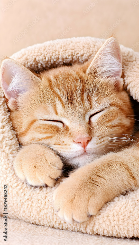 A cute ginger kitten peacefully sleeps nestled in a soft, beige blanket A cute ginger kitten peacefully sleeps nestled in a soft, beige blanket