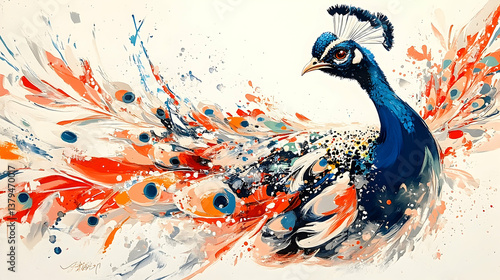 A vibrant watercolor painting depicting a majestic peacocks portrait gracefully