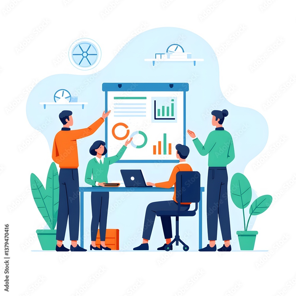 Flat Illustration of Corporate Teamwork in Modern Office Flat Illustration of Corporate Teamwork in Modern Office