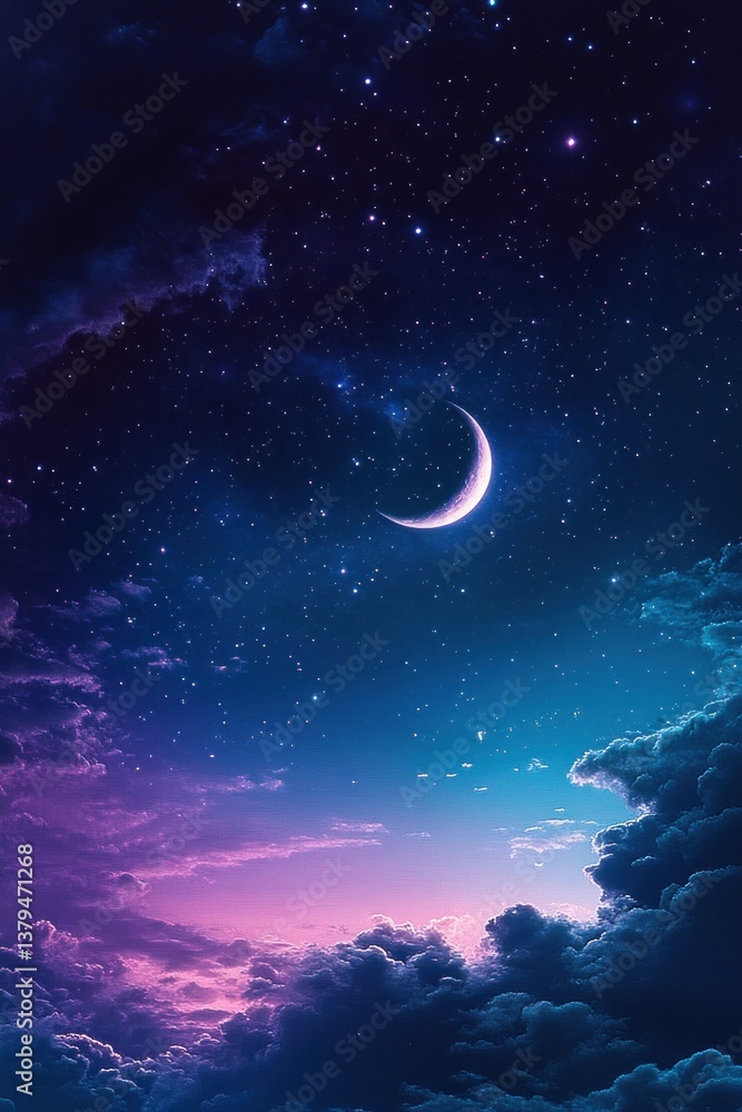 Crescent Moon and Vivid Stars over Dreamy Clouds Night Sky Fantasy Background Crescent Moon and Vivid Stars over Dreamy Clouds Night Sky Fantasy Background