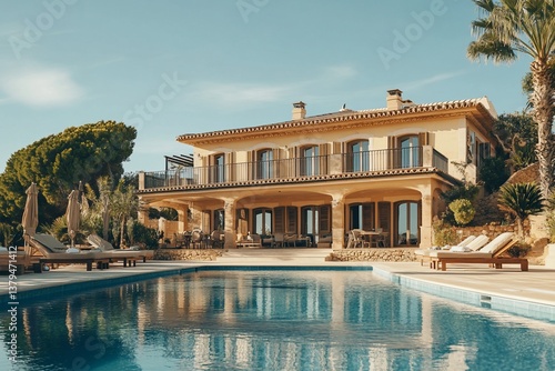 Obraz na płótnie Luxury villa with pool, patio, and palm trees. w salonie