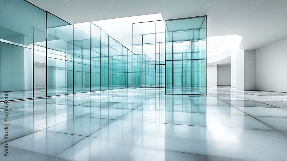 Fototapeta premium Modern Architectural Interior Design Featuring Glass Walls and Reflective Surfaces