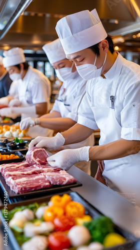 Chefs in white uniforms and masks prepare raw meat and vegetables