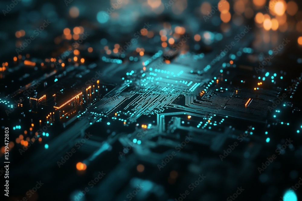 Close-up of glowing circuit board with intricate pathways and components. Close-up of glowing circuit board with intricate pathways and components.
