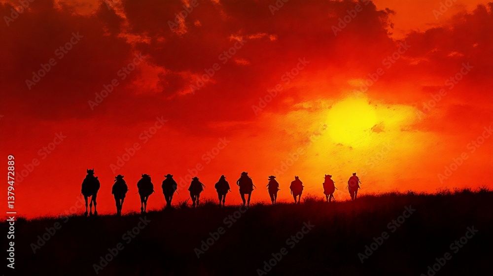 Camel caravan silhouetted against a fiery sunset. Camel caravan silhouetted against a fiery sunset.