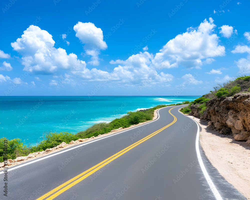 Coastal highway winding along turquoise ocean under a bright sunny sky Coastal highway winding along turquoise ocean under a bright sunny sky