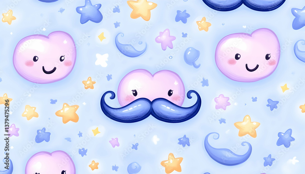 Cute pastel seamless pattern with smiling hearts, mustaches, and stars Cute pastel seamless pattern with smiling hearts, mustaches, and stars