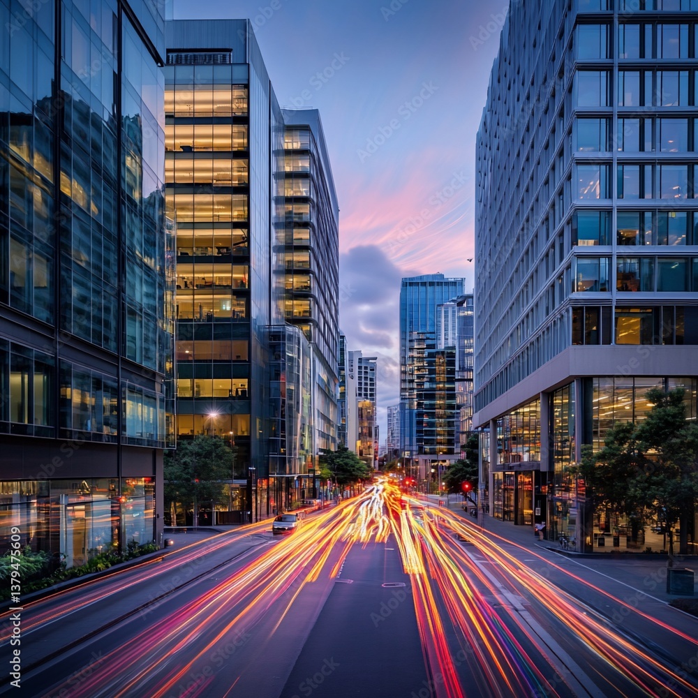 Fototapeta premium City street at dusk with light trails from traffic.