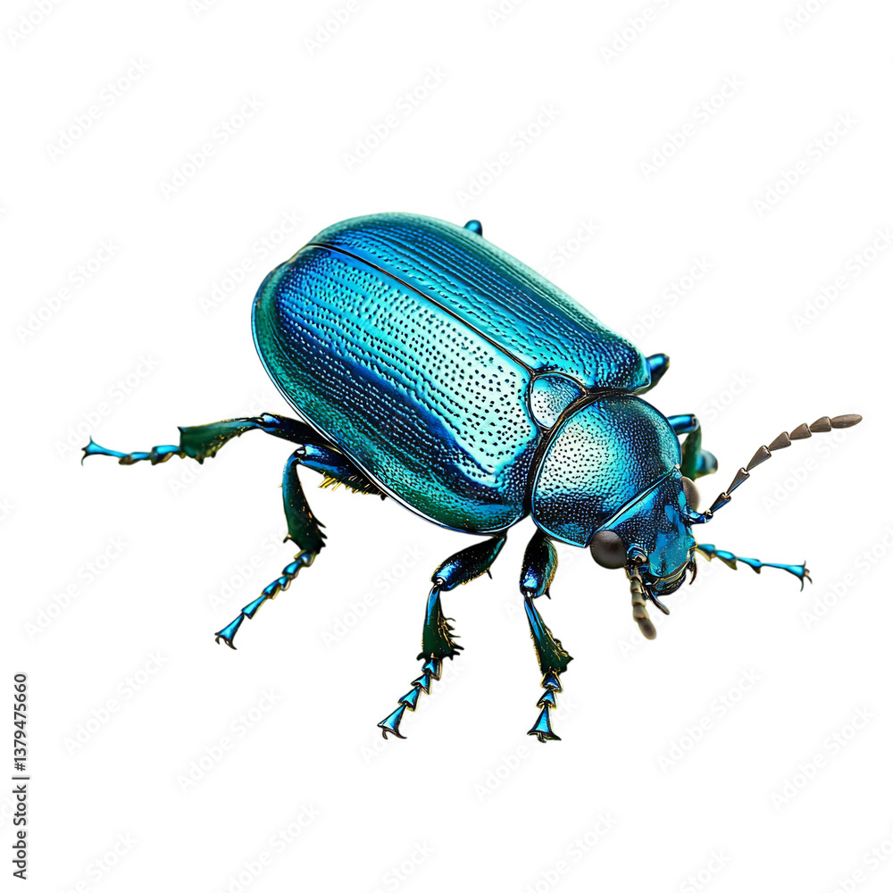 Fototapeta premium A Dazzling Blue Beetle Crawling Across a Leaf Isolated on Transparent Background