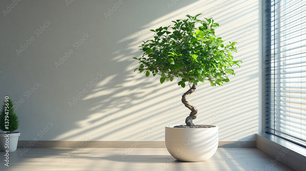 Obraz premium Sunlit indoor plant in a white pot near window.