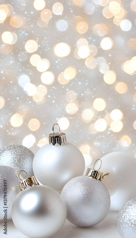 Elegant white and silver Christmas ornaments against a shimmering bokeh background Elegant white and silver Christmas ornaments against a shimmering bokeh background