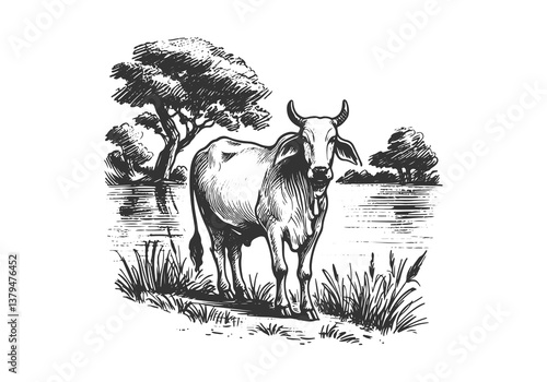 Brahman Cattle hand drawn sketch illustration vector