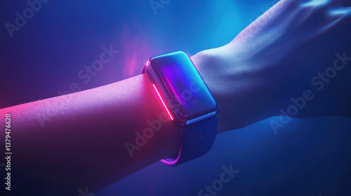 A wristwatch with a purple face is lit up in a neon blue background. The watch is glowing and he is a smartwatch