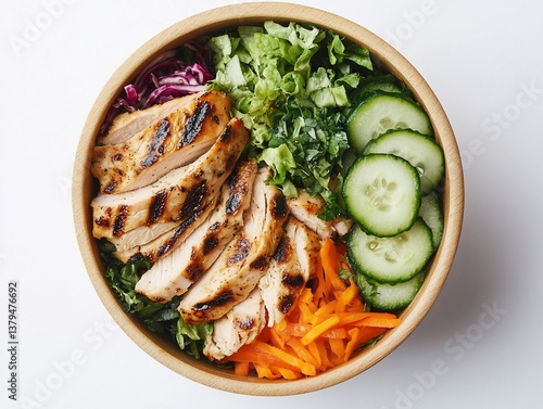 Grilled chicken salad bowl with mixed greens, cucumber, and carrots.