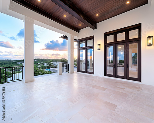 Expansive covered patio with sunset view, showcasing elegant design and large tiled floor
