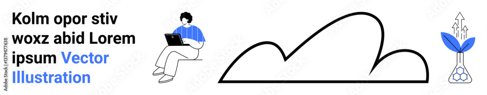 Person working on laptop, abstract cloud, and sprouting plant as growth and technology concept. Ideal for innovation, technology, growth, minimalism, creativity, nature simple landing page Person working on laptop, abstract cloud, and sprouting plant as growth and technology concept. Ideal for innovation, technology, growth, minimalism, creativity, nature simple landing page