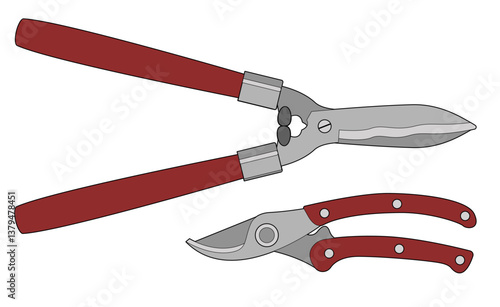Garden tools set. Vector illustration isolated on white. Pruning shears with red handle.