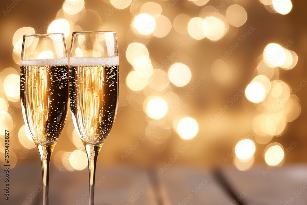Two champagne flutes filled with bubbly champagne on a wooden table Two champagne flutes filled with bubbly champagne on a wooden table