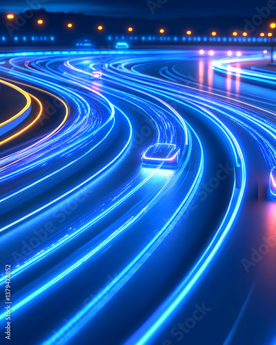 Futuristic self-driving cars speeding along glowing highway at night