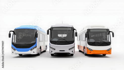 Realistic rendering of three diverse buses showcasing different styles and colors in a clean background