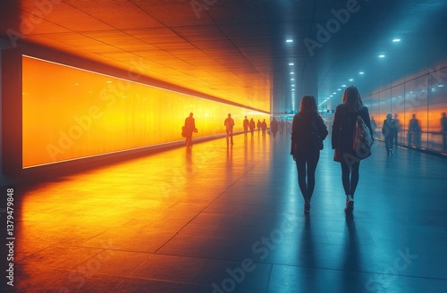 Futuristic City Tunnel: Two Figures Walking Through a Vibrant Neon-Lit Passage